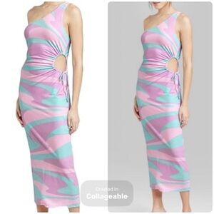 Wild Fable One Shoulder Pink & Aqua Dress, Sz XL, Side Cut-Out